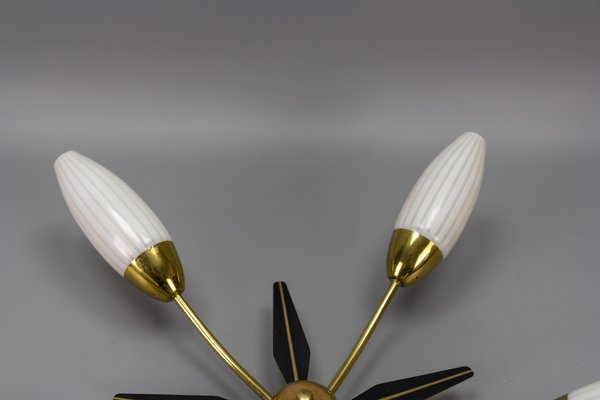 Mid-Century Modern Brass and White Glass Five-Light Sputnik Flush Mount, Italy, 1950s-KEG-1750888