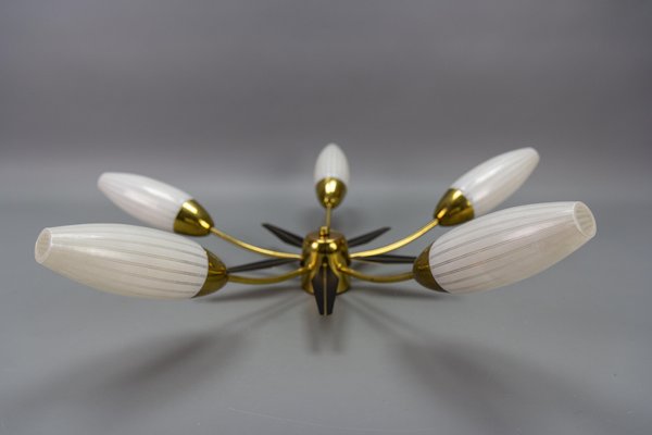 Mid-Century Modern Brass and White Glass Five-Light Sputnik Flush Mount, Italy, 1950s-KEG-1750888