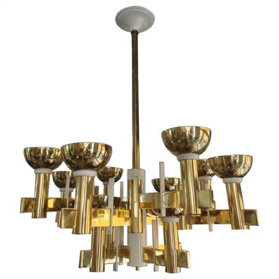 Mid-Century Modern Brass and White Painted Metal Chandelier, 1960s-NMK-2032391