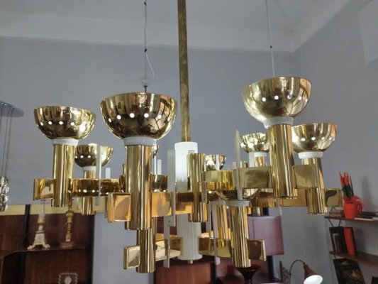 Mid-Century Modern Brass and White Painted Metal Chandelier, 1960s-NMK-2032391