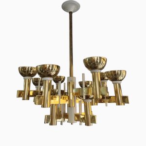 Mid-Century Modern Brass and White Painted Metal Chandelier, 1960s-NMK-2032391