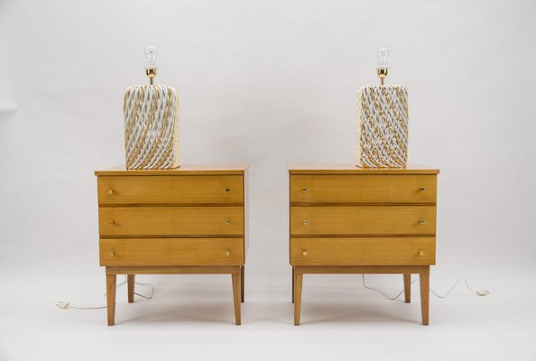 Mid-Century Modern Brass and Wood Nightstands, 1950s, Set of 2-KQB-1161241