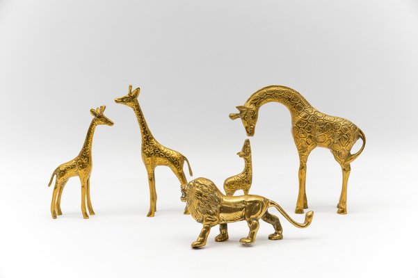 Mid-Century Modern Brass Giraffe & Lion Figurines, 1960s, Set of 5-KQB-1755707