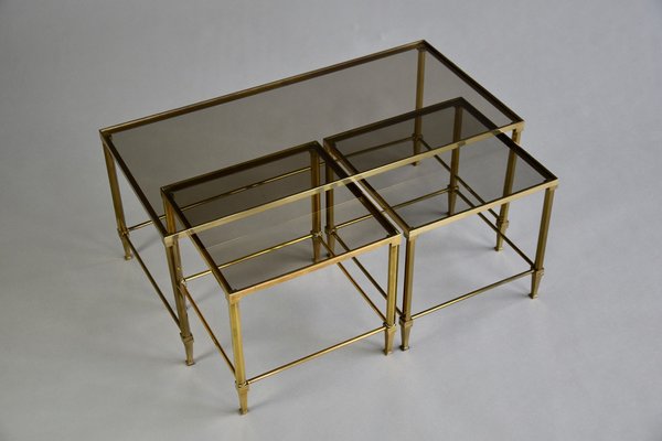 Mid-Century Modern Brass Nesting Tables Attributed to Maison Jansen, Set of 3-IEI-1038797