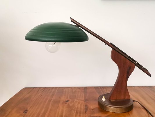 Mid-Century Modern Brown Wood & Green Metal Desk Table Lamp, 1950s-SCS-1137361