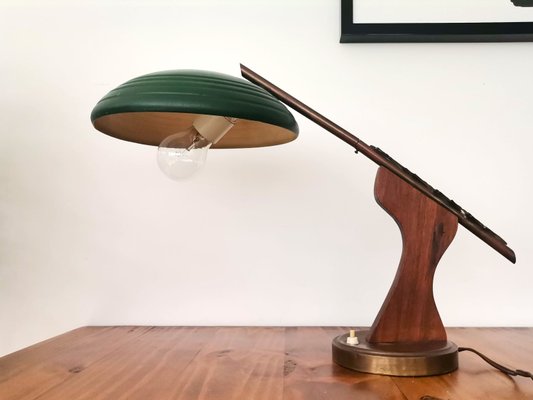 Mid-Century Modern Brown Wood & Green Metal Desk Table Lamp, 1950s-SCS-1137361