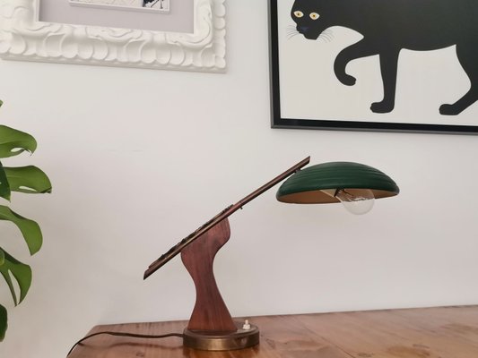 Mid-Century Modern Brown Wood & Green Metal Desk Table Lamp, 1950s-SCS-1137361