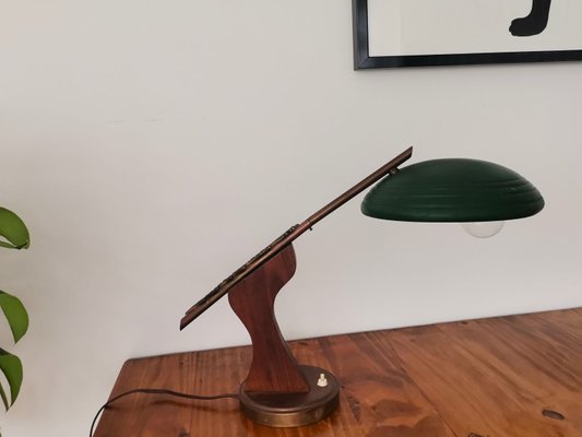 Mid-Century Modern Brown Wood & Green Metal Desk Table Lamp, 1950s-SCS-1137361