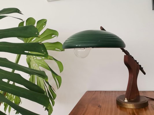 Mid-Century Modern Brown Wood & Green Metal Desk Table Lamp, 1950s-SCS-1137361