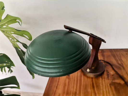 Mid-Century Modern Brown Wood & Green Metal Desk Table Lamp, 1950s-SCS-1137361