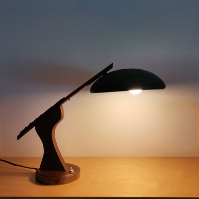 Mid-Century Modern Brown Wood & Green Metal Desk Table Lamp, 1950s-SCS-1137361