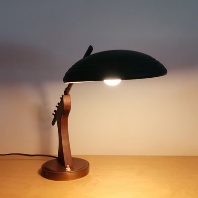 Mid-Century Modern Brown Wood & Green Metal Desk Table Lamp, 1950s-SCS-1137361