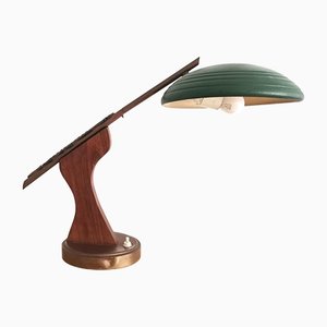 Mid-Century Modern Brown Wood & Green Metal Desk Table Lamp, 1950s-SCS-1137361