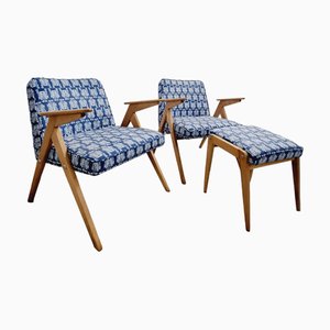 Mid-Century Modern Bunny Armchairs with Footstool attributed to Józef Chierowski, Polish, 1970s, Set of 3-SAK-1785206