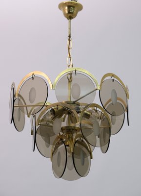 Mid-Century Modern Chandelier in Amber Glass and Brass from Vistosi, 1960s-FER-999203