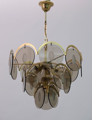 Mid-Century Modern Chandelier in Amber Glass and Brass from Vistosi, 1960s-FER-999203