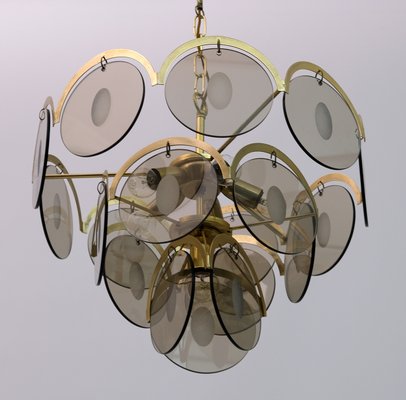 Mid-Century Modern Chandelier in Amber Glass and Brass from Vistosi, 1960s-FER-999203