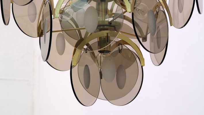 Mid-Century Modern Chandelier in Amber Glass and Brass from Vistosi, 1960s-FER-999203