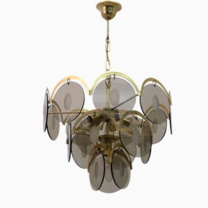 Mid-Century Modern Chandelier in Amber Glass and Brass from Vistosi, 1960s-FER-999203