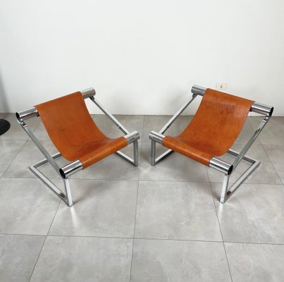 Mid-Century Modern Chrome and Leather Armchairs, Italy, 1970s, Set of 2-LYQ-1321730