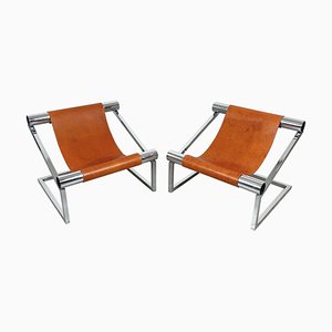 Mid-Century Modern Chrome and Leather Armchairs, Italy, 1970s, Set of 2-LYQ-1321730