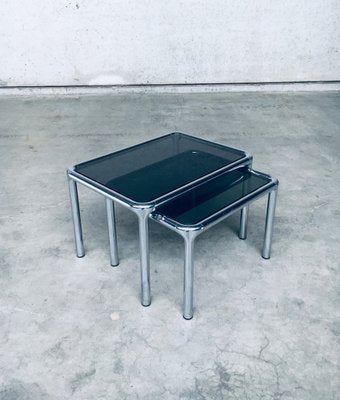 Mid-Century Modern Chrome & Smoked Glass Nesting Tables attributed to Etienne Fermigier, France, 1970s, Set of 2-RQV-1772774