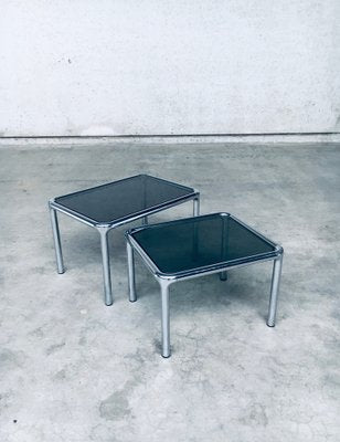 Mid-Century Modern Chrome & Smoked Glass Nesting Tables attributed to Etienne Fermigier, France, 1970s, Set of 2-RQV-1772774