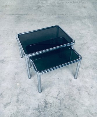 Mid-Century Modern Chrome & Smoked Glass Nesting Tables attributed to Etienne Fermigier, France, 1970s, Set of 2-RQV-1772774