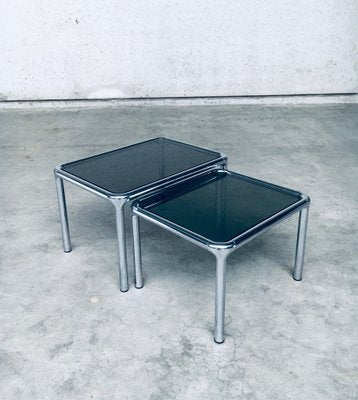 Mid-Century Modern Chrome & Smoked Glass Nesting Tables attributed to Etienne Fermigier, France, 1970s, Set of 2-RQV-1772774