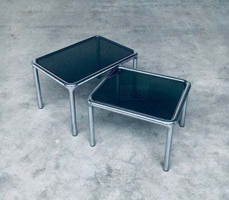 Mid-Century Modern Chrome & Smoked Glass Nesting Tables attributed to Etienne Fermigier, France, 1970s, Set of 2-RQV-1772774