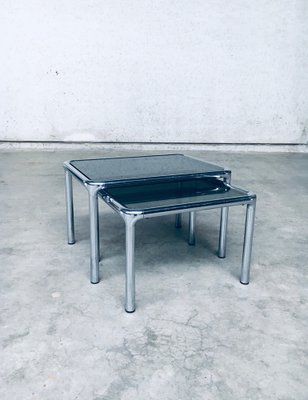 Mid-Century Modern Chrome & Smoked Glass Nesting Tables attributed to Etienne Fermigier, France, 1970s, Set of 2-RQV-1772774