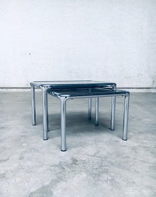 Mid-Century Modern Chrome & Smoked Glass Nesting Tables attributed to Etienne Fermigier, France, 1970s, Set of 2-RQV-1772774