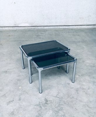 Mid-Century Modern Chrome & Smoked Glass Nesting Tables attributed to Etienne Fermigier, France, 1970s, Set of 2-RQV-1772774