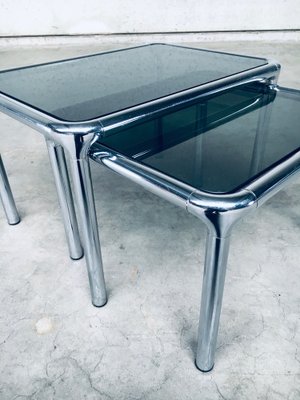 Mid-Century Modern Chrome & Smoked Glass Nesting Tables attributed to Etienne Fermigier, France, 1970s, Set of 2-RQV-1772774