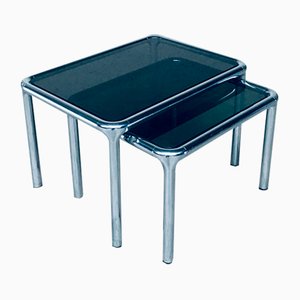 Mid-Century Modern Chrome & Smoked Glass Nesting Tables attributed to Etienne Fermigier, France, 1970s, Set of 2-RQV-1772774