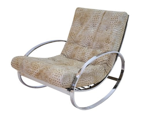 Mid-Century Modern Chrome Steel Tube Rocking Chair with Croco-Style Upholstery-CXC-1752468