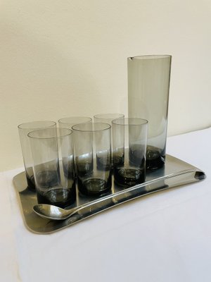 Mid-Century Modern Cocktail Set Jug and Mug in Smoked Glass by Cromargan Günter Kupetz Design for WMF, 1959, Set of 9-RZY-2040998