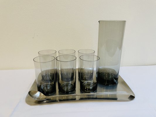 Mid-Century Modern Cocktail Set Jug and Mug in Smoked Glass by Cromargan Günter Kupetz Design for WMF, 1959, Set of 9-RZY-2040998