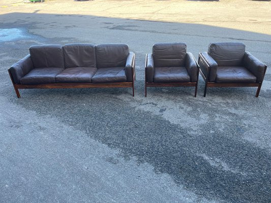 Mid-Century Modern Danish Living Room Set in Rosewood and Leather by Arne Wahl Iversen, 1970s, Set of 3-MXB-1256984