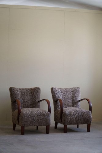 Mid-Century Modern Danish Lounge Chairs in Beech and Lambswool, 1940s, Set of 2