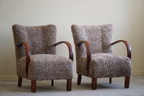 Mid-Century Modern Danish Lounge Chairs in Beech and Lambswool, 1940s, Set of 2