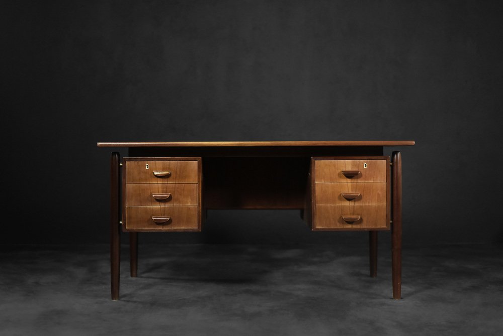 Mid-Century Modern Danish Scandinavian Teak Bilateral Desk with Drawers, 1960s