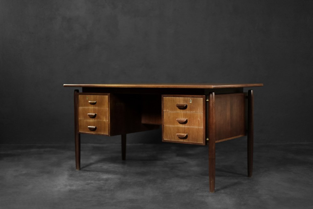 Mid-Century Modern Danish Scandinavian Teak Bilateral Desk with Drawers, 1960s