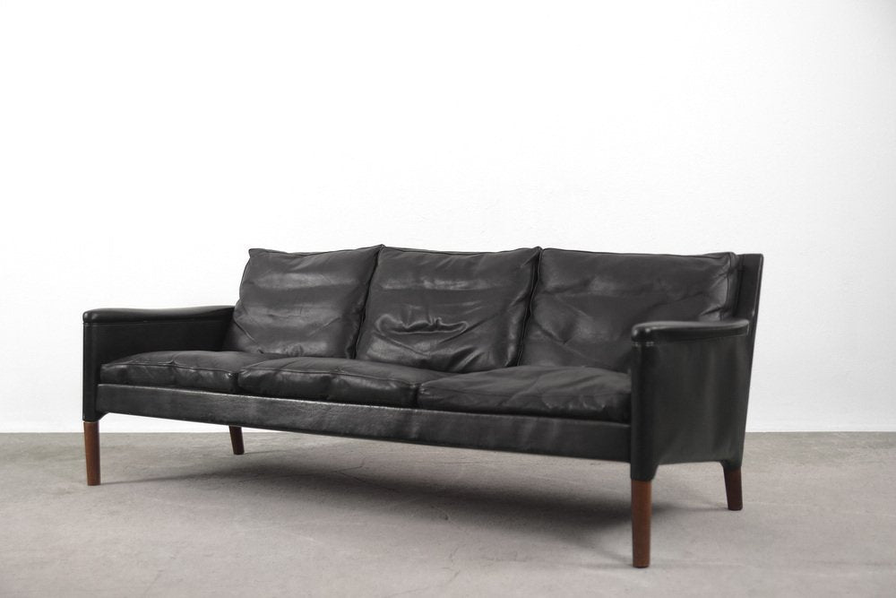 Mid-Century Modern Danish Three-Seat Sofa in Black Leather and Rosewood by Kurt Østervig for Centrum Mobler, 1950s