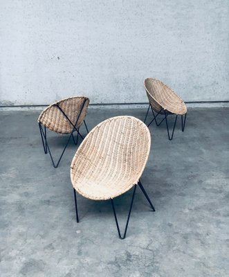 Mid-Century Modern Design Egg Basket Wicker Chairs, Italy, 1950s, Set of 3-RQV-1761661