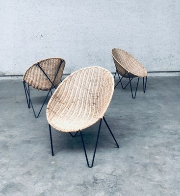 Mid-Century Modern Design Egg Basket Wicker Chairs, Italy, 1950s, Set of 3-RQV-1761661