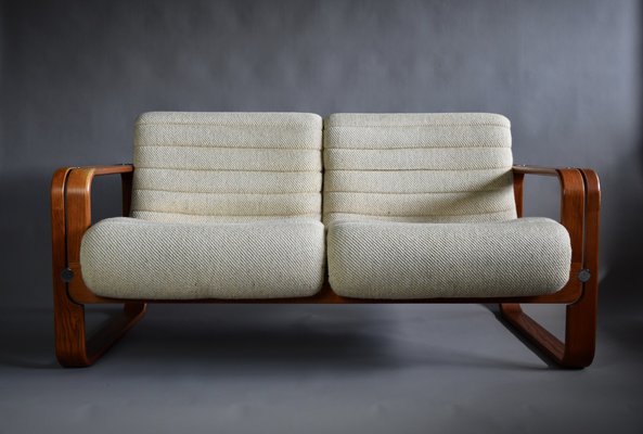 Mid-Century Modern Ecru and Wooden Frame 2-Seater Sofa attributed to Giroflex, 1970s-IEI-1397199