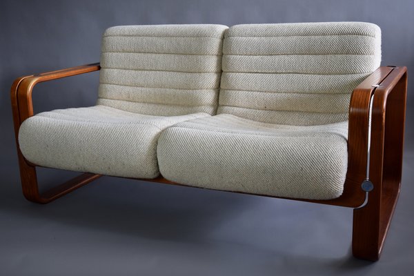 Mid-Century Modern Ecru and Wooden Frame 2-Seater Sofa attributed to Giroflex, 1970s-IEI-1397199