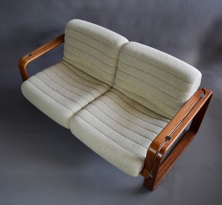 Mid-Century Modern Ecru and Wooden Frame 2-Seater Sofa attributed to Giroflex, 1970s-IEI-1397199