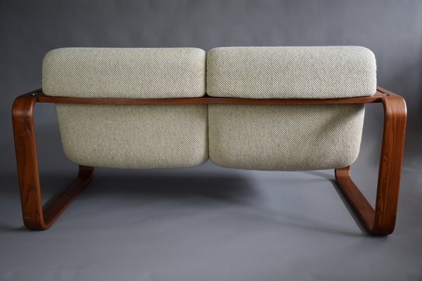 Mid-Century Modern Ecru and Wooden Frame 2-Seater Sofa attributed to Giroflex, 1970s-IEI-1397199